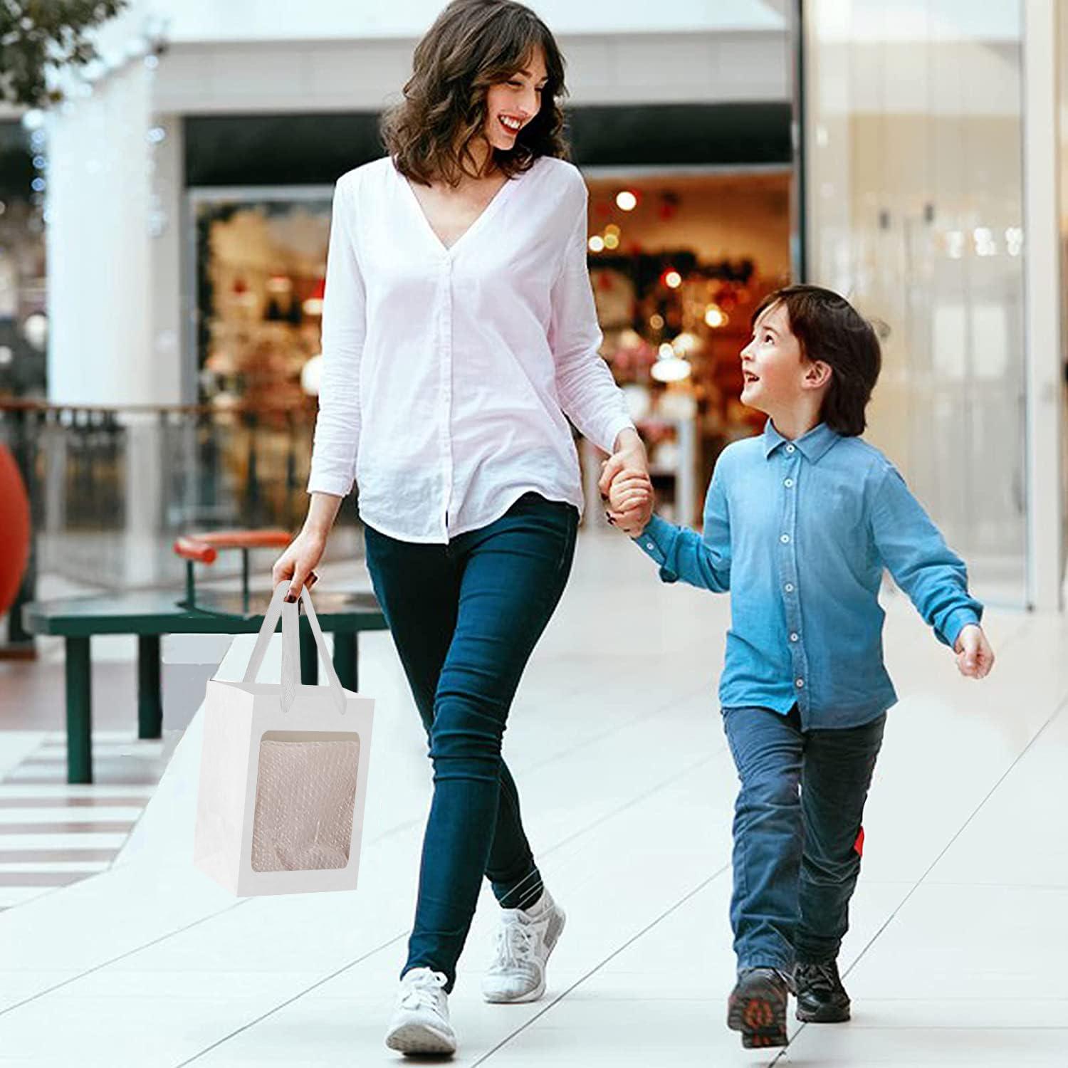 BallHull 12 Pcs White Kraft Paper Gift Bags with Transparent Window, 9.84\"x7.0\"x5.12\" Kraft Shopping Bags with Handles for Present, Festivals Party