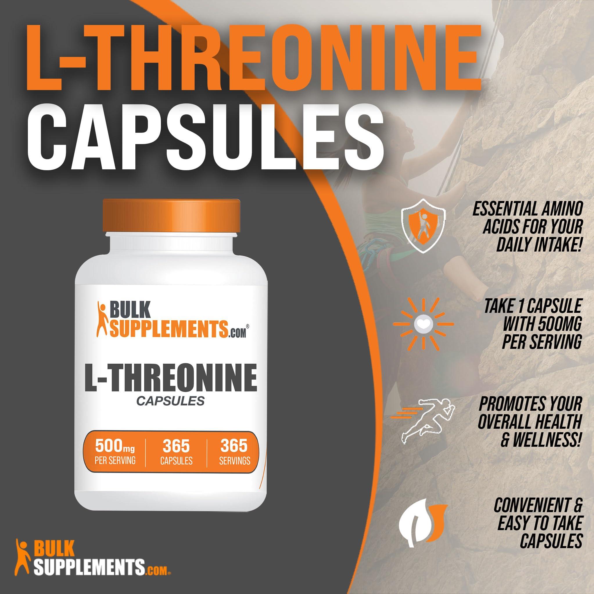 BULKSUPPLEMENTS.COM BulkSupplements.com L-Threonine Capsules - L-Threonine Supplement, Threonine 500mg - Amino Acid Supplement, Gluten Free, 1 Capsule per Serving, 365 Capsules (Pack of 1)