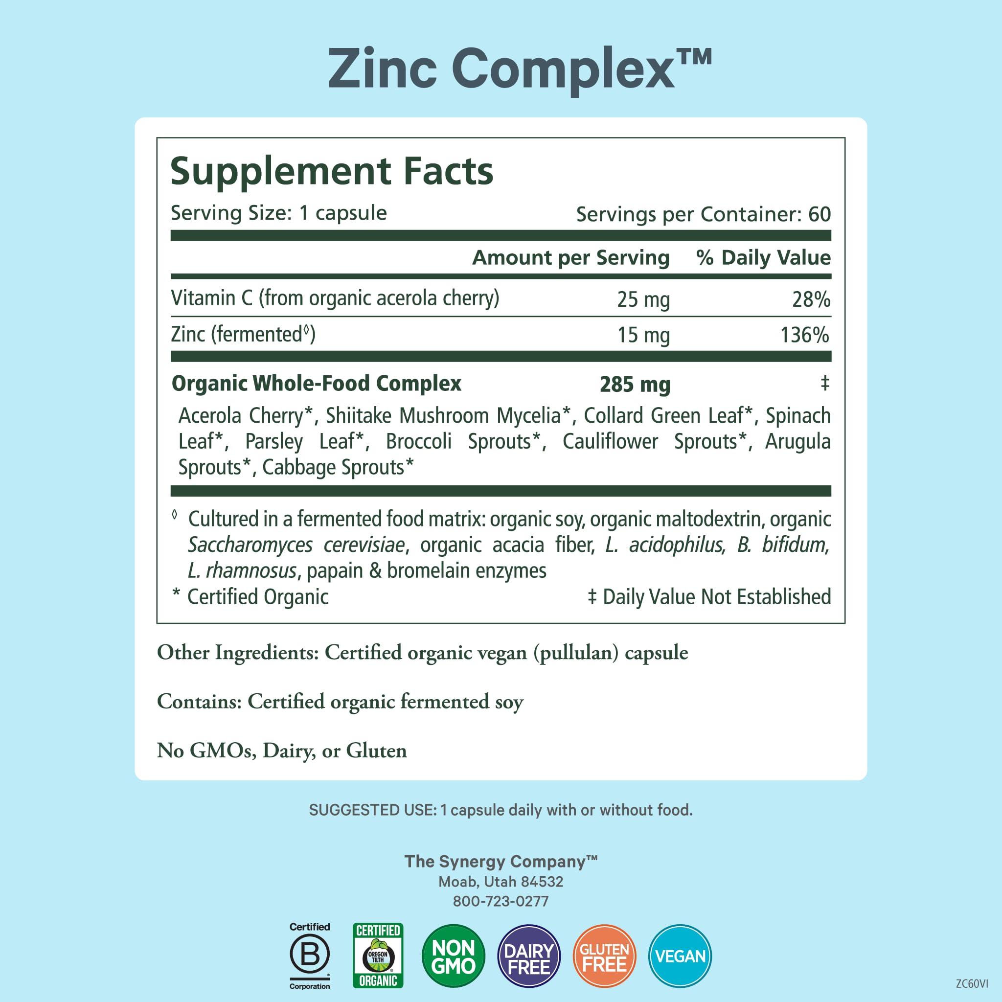 PURE SYNERGY PURE SYNERGY Zinc Complex | Zinc Immune Support Supplement | Natural, Vegan Zinc Complex with Vitamin C and Organic Whole Foods | for Immune, Brain, and Skin Health (60 Capsules)