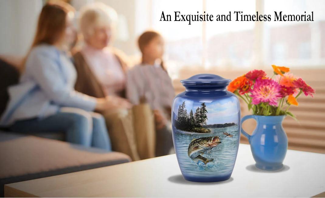 Immortal Memories Bass Fishing Large Urn - Cremation Urn for Human Ashes Male & Female - Heart Fishing Urn - Handcrafted Funeral Memorial Urn for Adults Urn Velvet Case & Bag (Large)