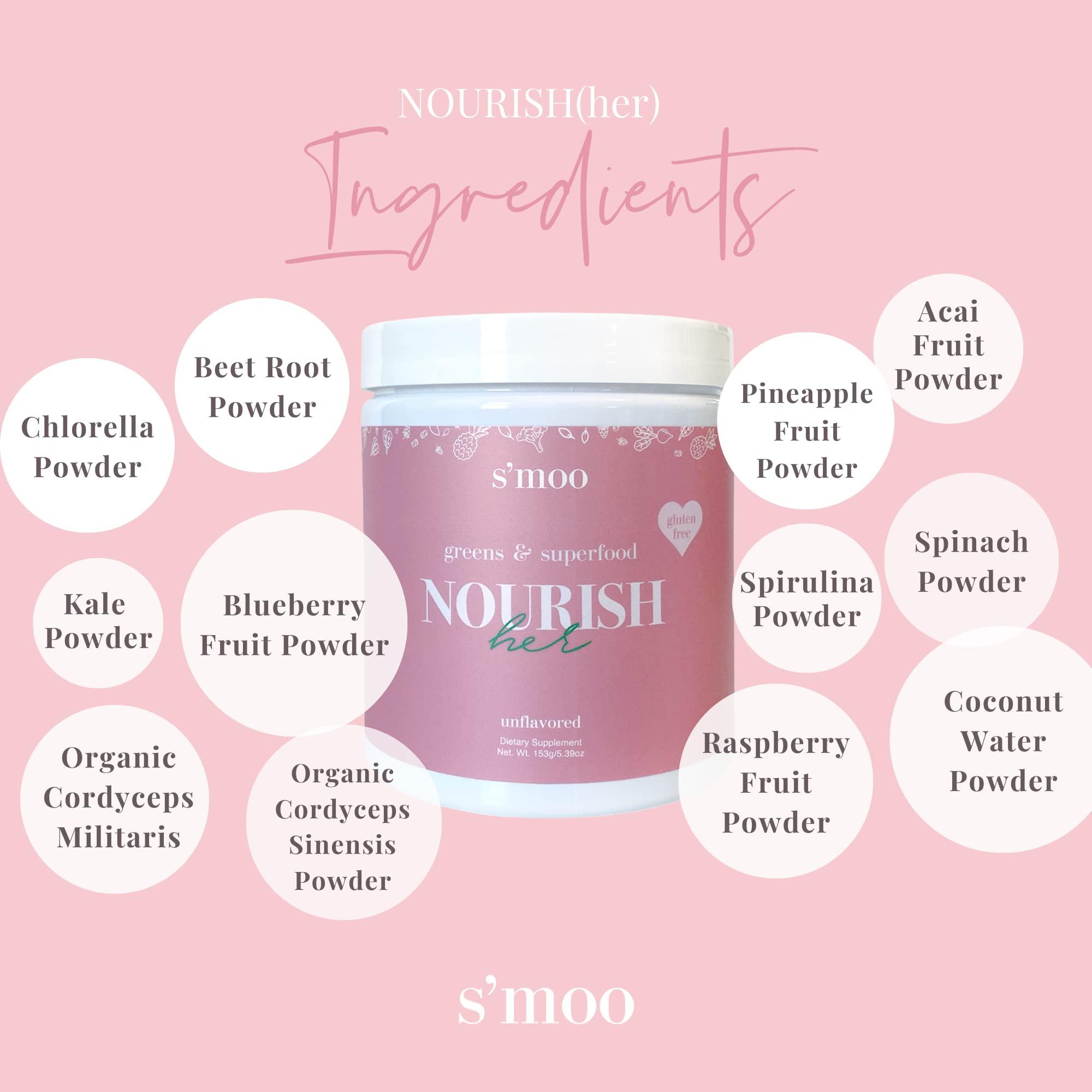 S'moo Nourish(her) - Greens Blend Superfood: Super Greens Powder with Spirulina, Chlorella, Beet Root Powder - Gluten Free - Digestive Health, Immunity, Nutrition, Alkalizing, Energizing - 30 Servings