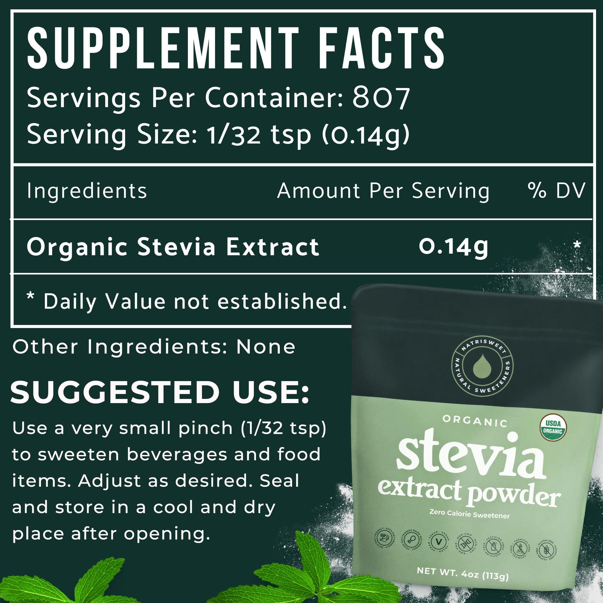 NatriSweet NatriSweet Stevia Powder, 4 oz, Pure Stevia Sweetener with No Additives, No Fillers, Zero Carbs, Zero Calorie, Organic Stevia Powder For Sugar Substitute, 300 Times Sweeter Than Sugar, 800+ Servings