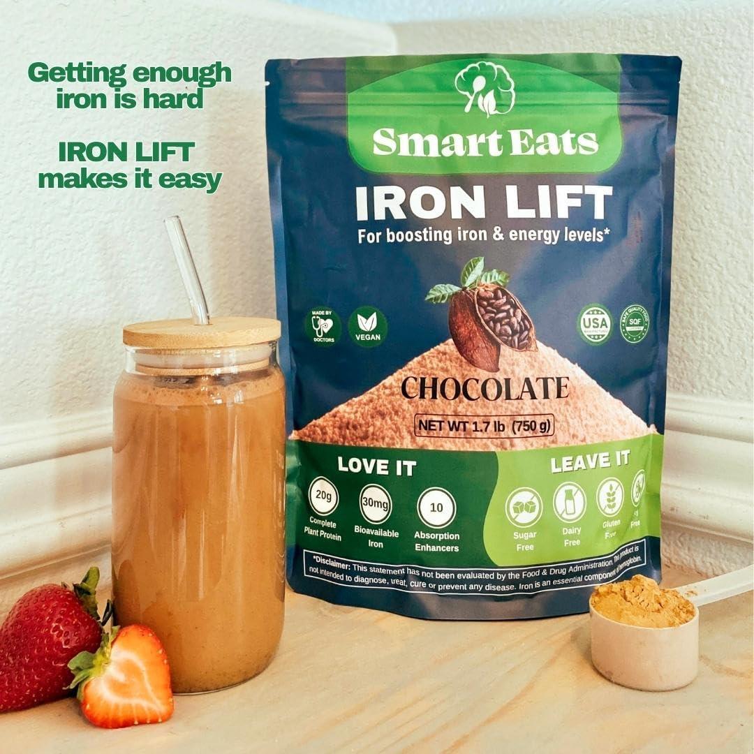 Smart Eats Smart Eats Iron Lift | Powder Iron Supplement | 30mg Iron, 20g Protein, 6g Fiber | 150% Vitamin D | Vegan | Blood Support | Easily Digested | High Iron Drinks | Boost Energy | Chocolate | 30 Scoops
