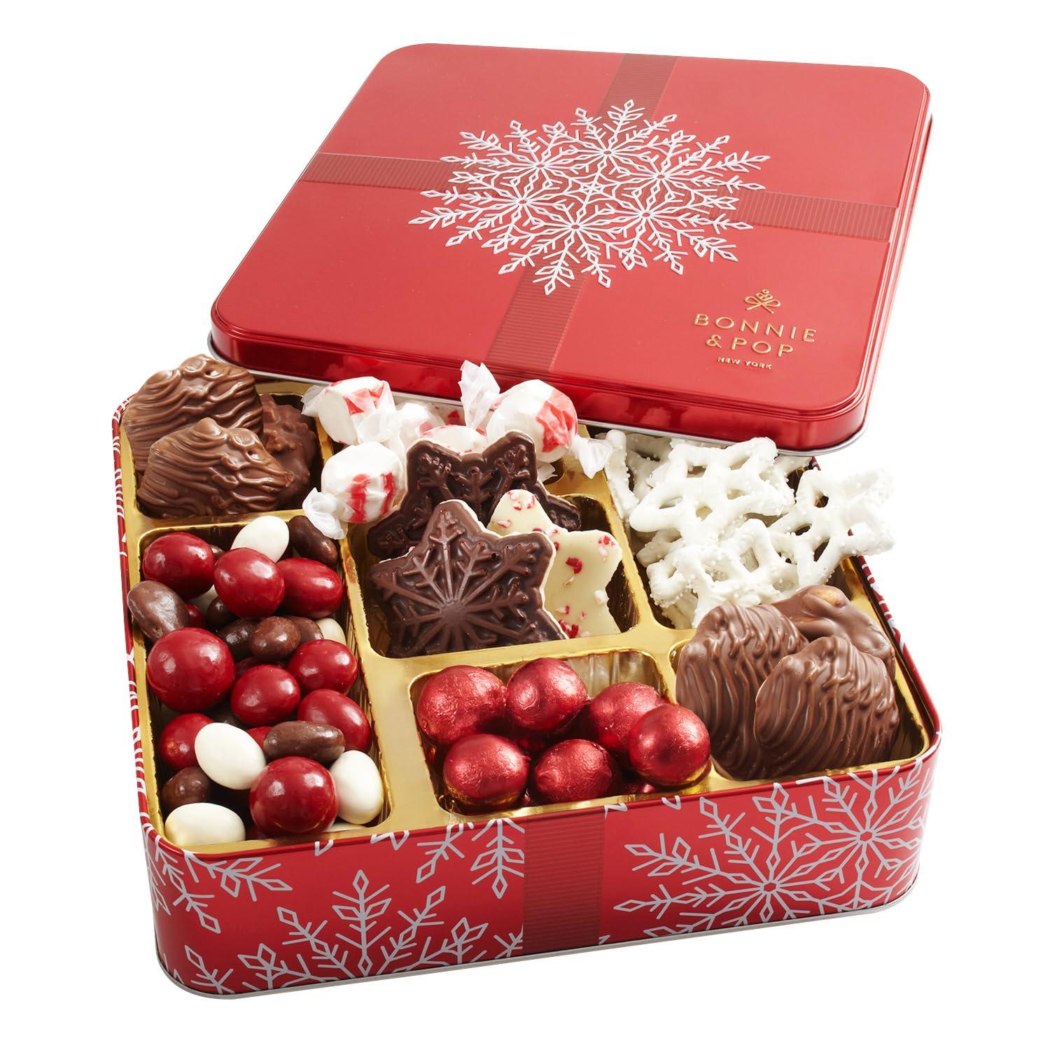 BONNIE AND POP Bonnie and Pop's Holiday Tin- with Assorted Christmas Chocolate, Nuts, Bark, Truffles – Festive, Corporate, Family, Gift Basket Idea for Men and Women