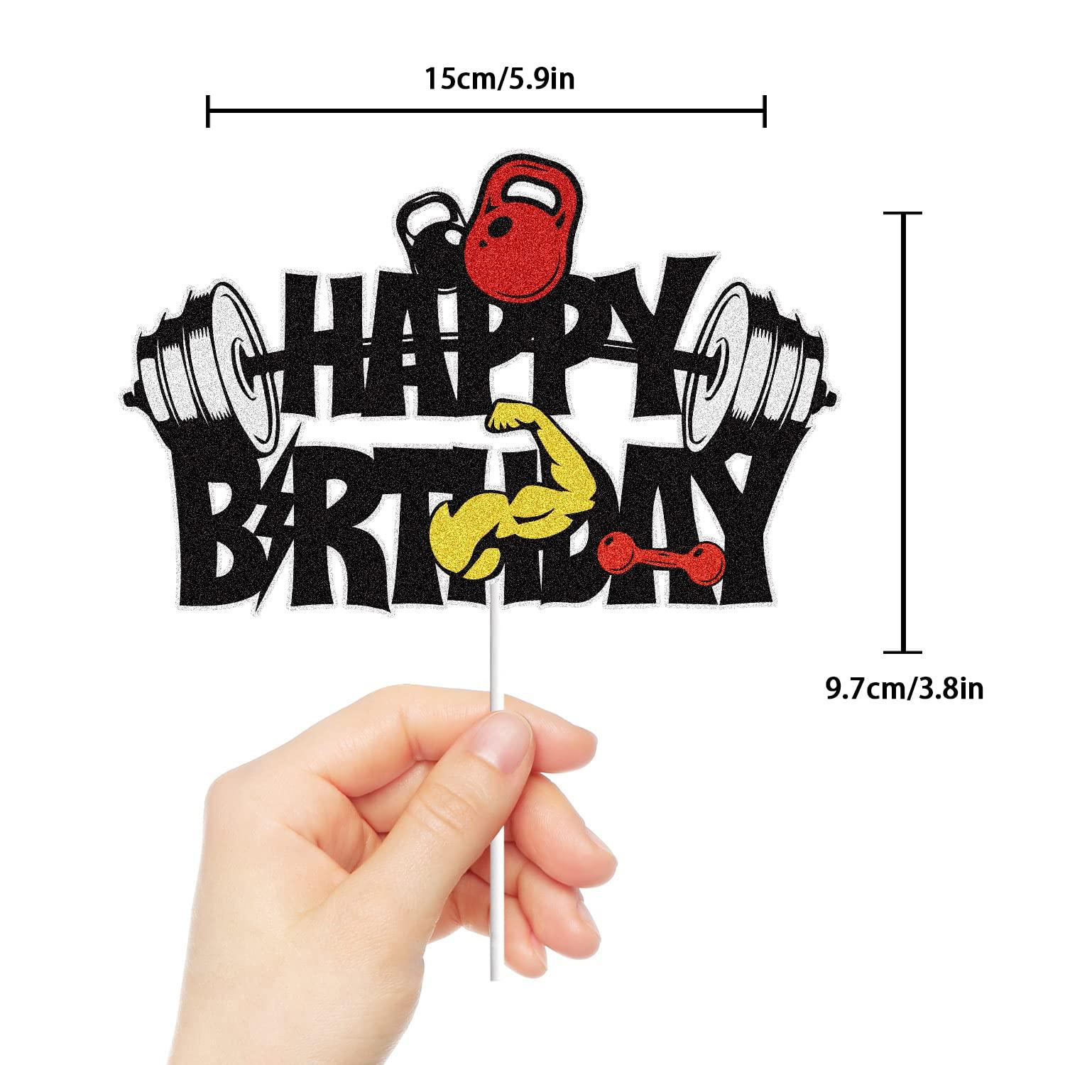 LINGBOOM Gym Fitness Happy Birthday Cake Topper Black Weightlifting Birthday Cake Decoration Cross Fit Fitness Theme Party Birthday Supplies for Man Woman