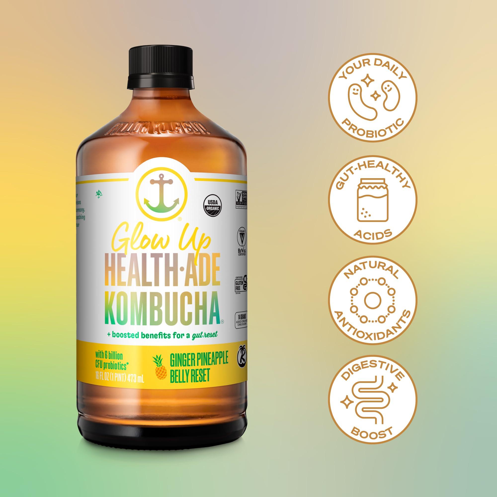 Health-Ade Health-Ade Kombucha Tea Organic Drink, Fermented Tea with Living Probiotics, Detoxifying Acids, Supports Gut Health, Non-GMO, Vegan, Gluten Free, 12 Pack (16 Fl Oz Bottles), Ginger Pineapple Belly Res