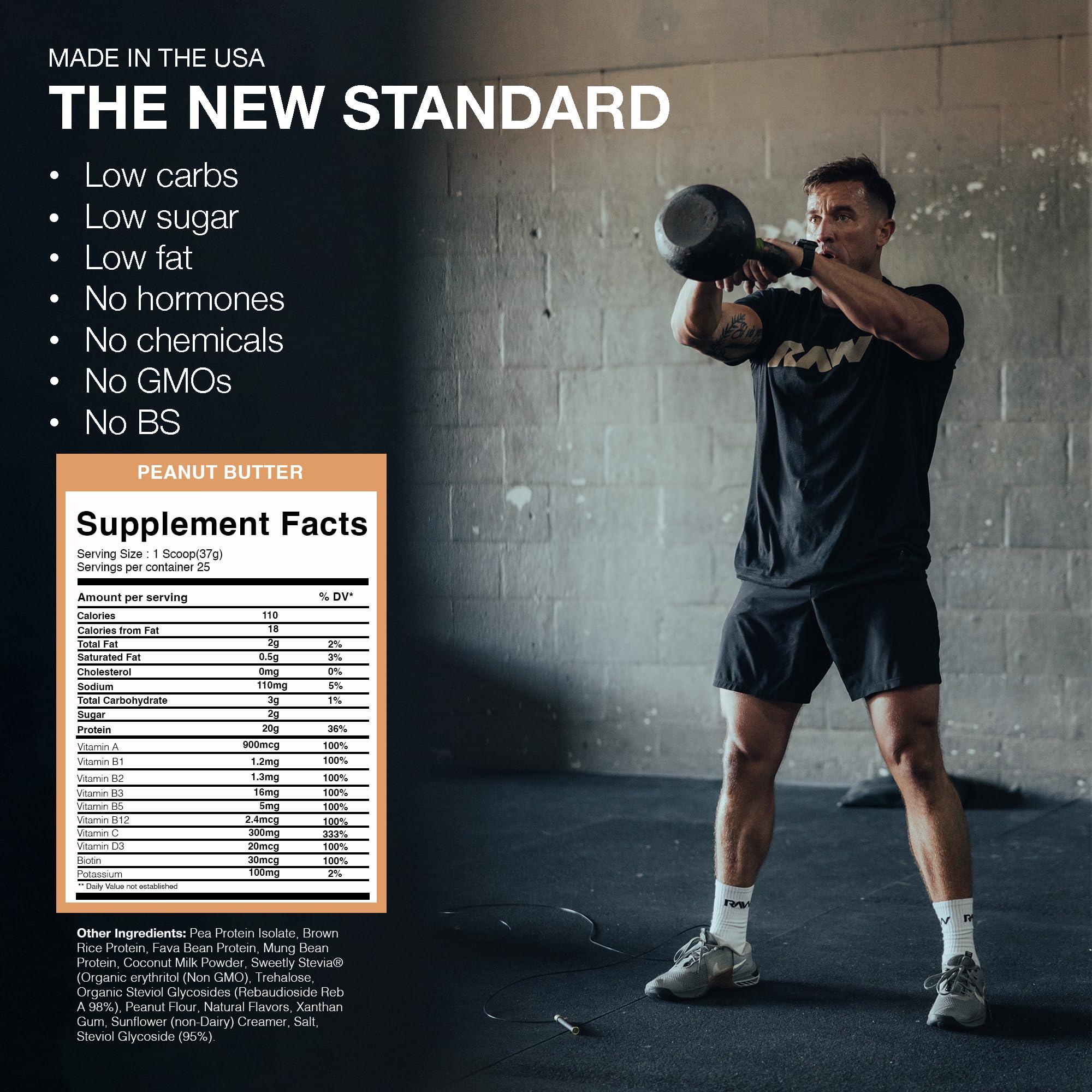 RAW RAW Vegan Protein Powder, Peanut Butter - 20g of Plant-Based Protein Powder & Fortified with Vitamins for Muscle Growth & Recovery - Low-Fat, Low Carb, Naturally Flavored & Sweetened - 25 Servings