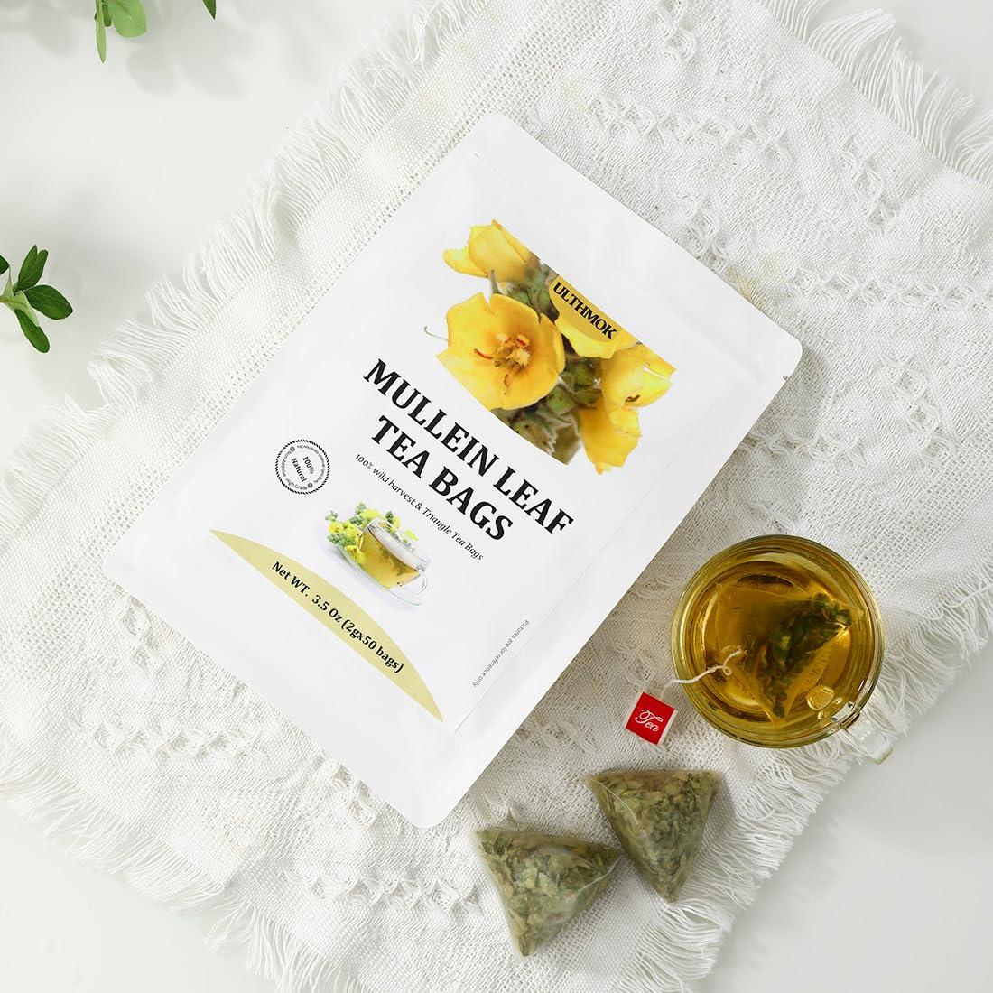 ULTHMOK Premium 50 Mullein Leaf Tea Bags. Made with 100% Pure Mullein Leaves, for Lungs Cleanse and Respiratory Support, No Flavoring & No Additives & Caffeine Free.
