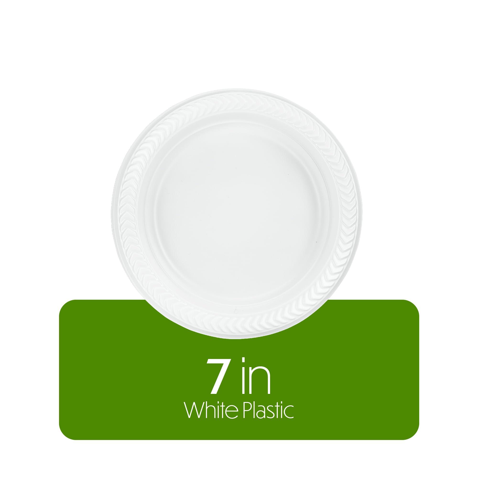 PLASTICPRO PLASTICPRO 400 PCS White Plastic Round Plastic 7 Inch Plates Premium Quality Light Weight Disposable Plastic Dishes Dinner Plates for Parties Weddings