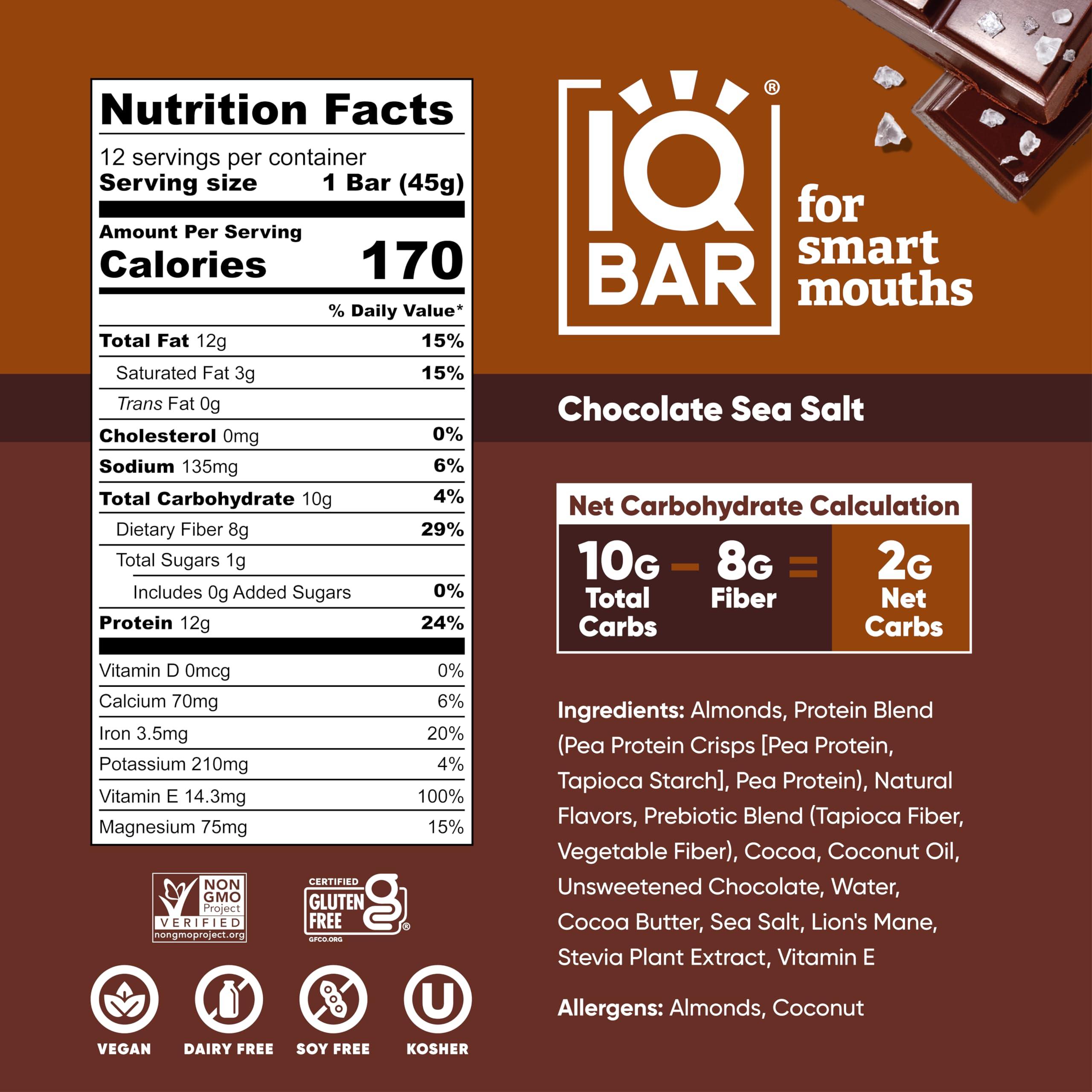 IQBAR IQBAR Brain and Body Plant Protein Bars - Chocolate Sea Salt - 36-Count Low Carb - Gluten Free, High Fiber, Vegan Snacks - Low Sugar Meal Replacement