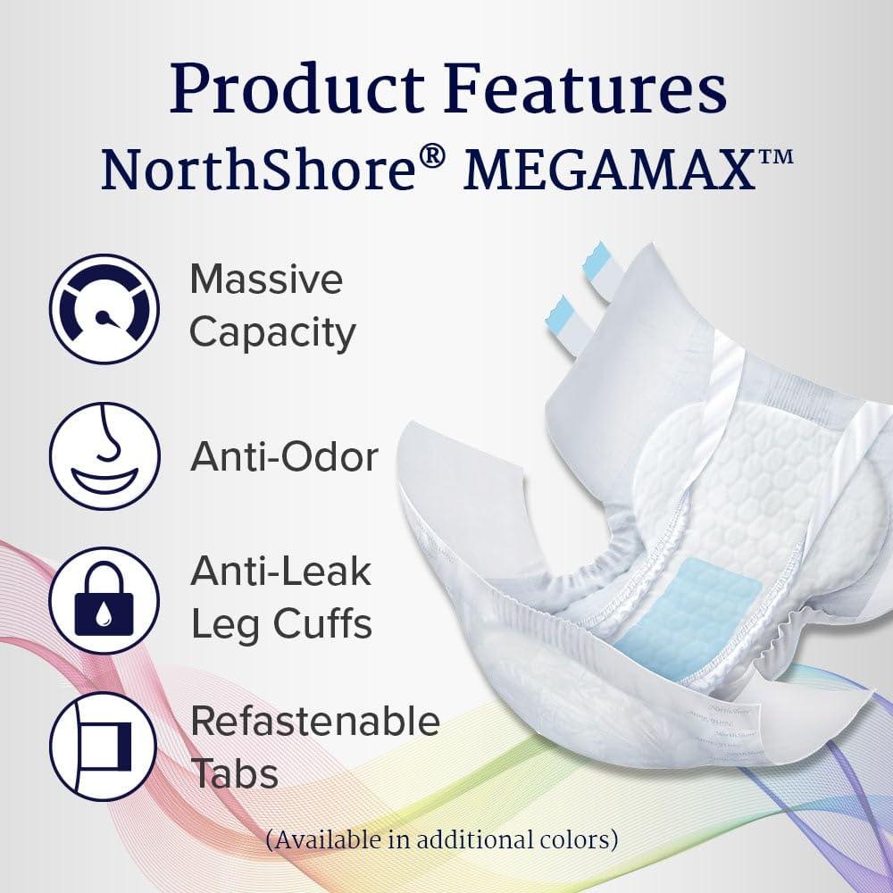 NorthShore NorthShore MegaMax Adult Overnight Diapers, 12-Hour Tab-Style, X-Large, 40 Count Case, Blue, 50-60 inches, Unisex Incontinence Underwear