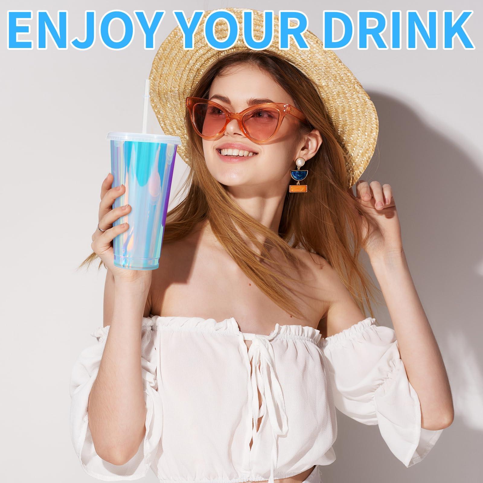 Domensi Domensi Iridescent Plastic Cups with Lids and Straws 24 oz Iridescent Reusable Plastic Tumblers Iced Coffee Cups for Shiny Disco Birthday Wedding Bachelorette Party Supplies(12 Pack)