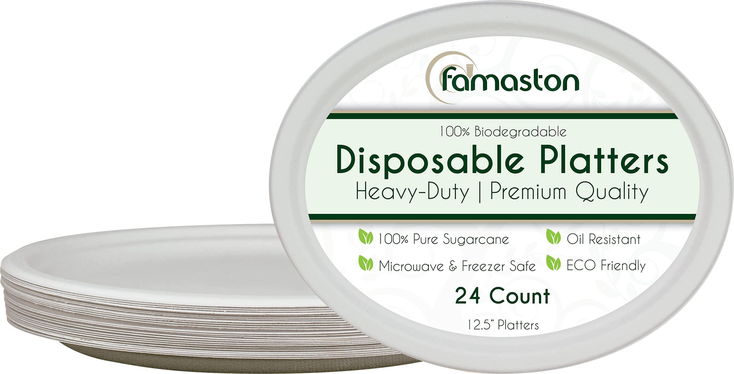 FAMASTON FAMASTON 24 pack Oval Paper Plates 12 inch 100% Compostable Heavy-Duty disposable extra large platters thanksgiving dinner party bulk 12\" biodegradable platos - White