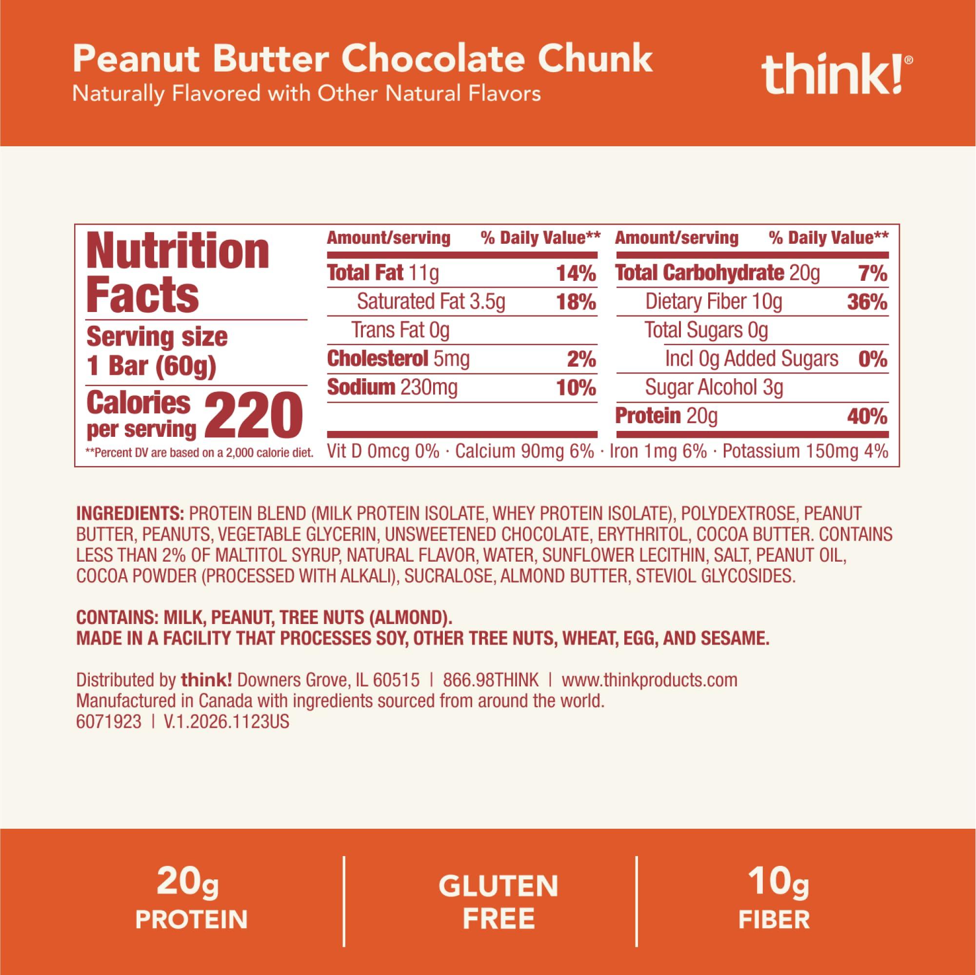 think! think! Protein Bars, High Protein Snacks, Gluten Free, High Fiber, Peanut Butter Chocolate Chunk, 10 Count