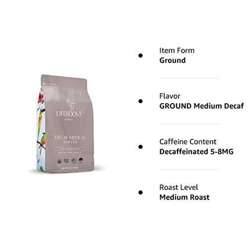 LIFEBOOST Lifeboost Coffee Medium Roast Swiss Water Decaf Coffee Ground - Low Acid Single Origin USDA Decaf Organic Coffee - Non-GMO Coffee Third Party Tested For Mycotoxins & Pesticides - 12 Ounces