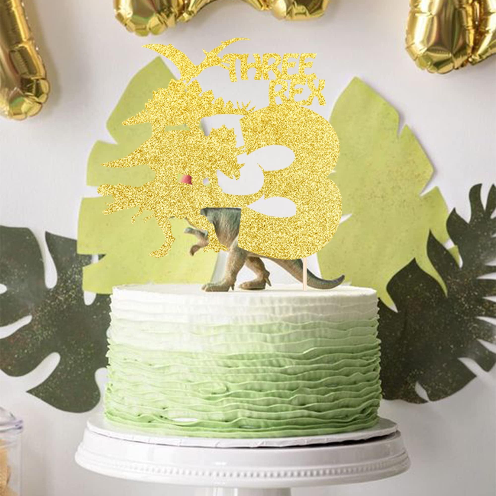 ZHUOWEISM 1 PCS Three Rex Birthday Cake Topper with Glitter Dinosaur 3rd Birthday Cake Pick Baby Shower 3rd Birthday Dinosaur Theme Party Decorations Supplies Gold
