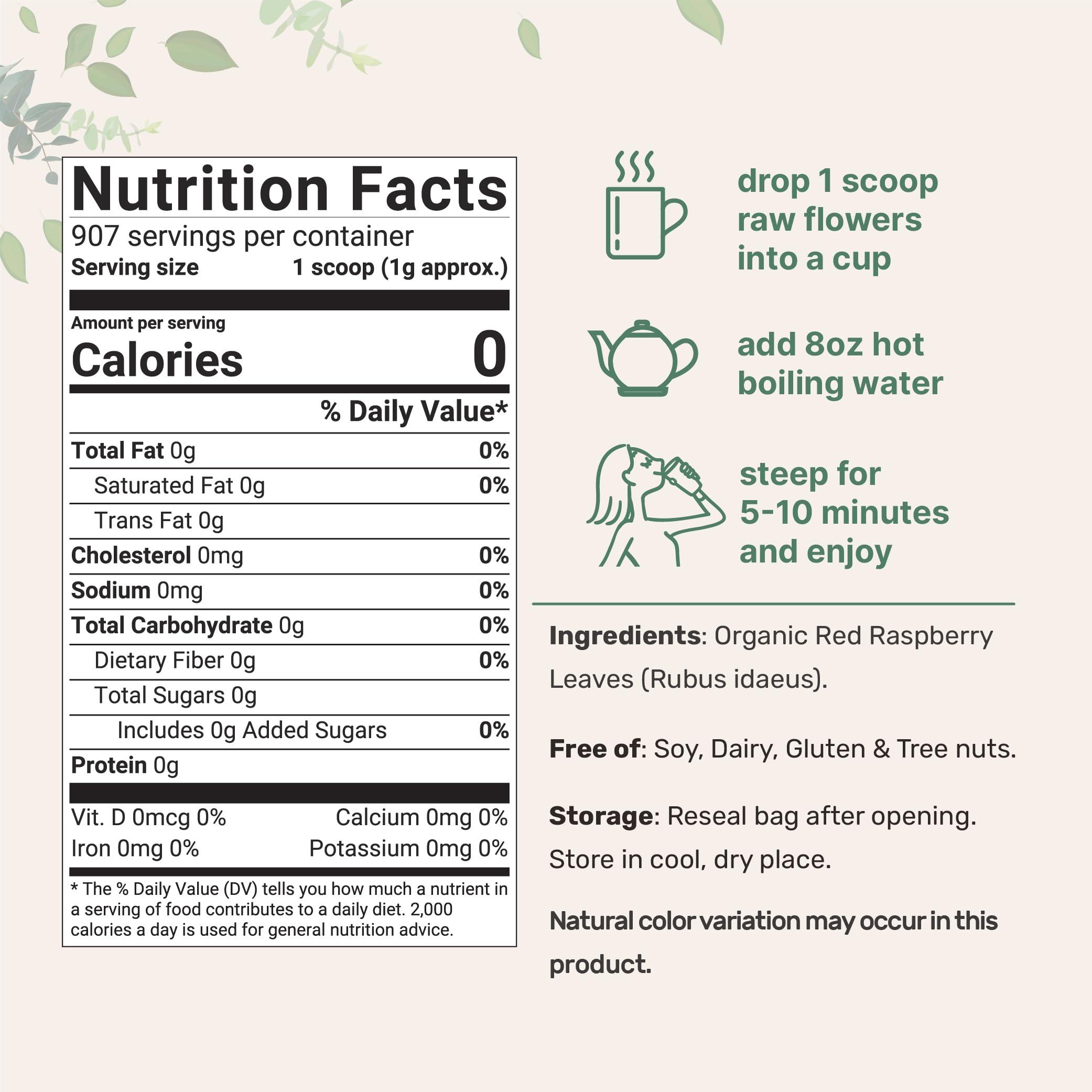 Micro Ingredients Organic Dried Raspberry Leaf Tea, 2lbs | Refills up to 907 Tea Bags | Premium Source from Germany for Herbal Pregnancy Tea | Cut & Sifted Whole Leaves | Non-GMO, No Sugar, Eco-Friendly Recyclable Bags