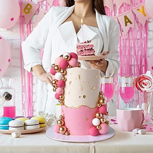 RASSLISA 113 PCS 5 Size Colorful Balls Cake Topper Foam Ball Cake Decorations Ball Shaped Cake Insert Topper for Birthday Baby Shower Wedding Decoration Supplies (Gold Pink White Hot Pink)