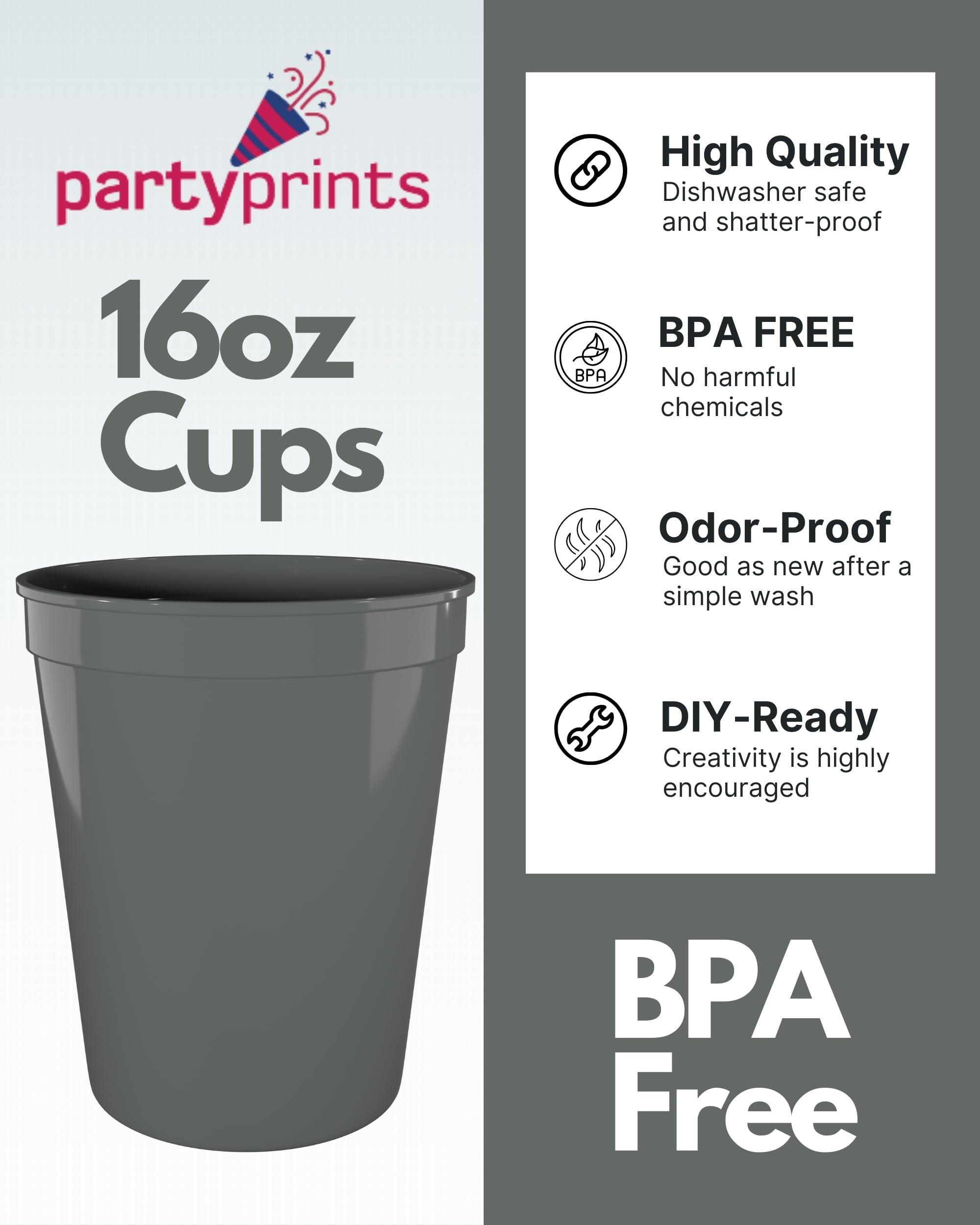 PartyPrints PartyPrints 16oz 100 Pack (Metallic Silver) Reusable Blank Plastic Cups, Colored Plastic Drinking Cups, Food-Grade Party Cups, Stackable Water Cups for Parties, Weddings, Events or DIY Projects