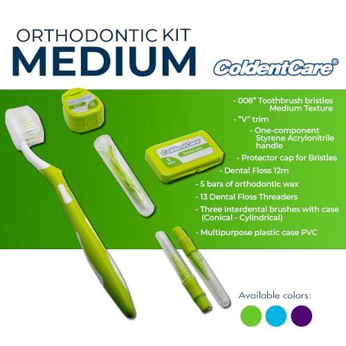 ColdentCare Braces Cleaning Kit for Teeth, Portable Orthodontic Toothbrush Kit Oral Care Dental Travel - 2 Interdental Brush, 5 Bars of Wax, 1 Dental Floss 12m, 13 Dental Floss Threader Multipurpose case (Green)