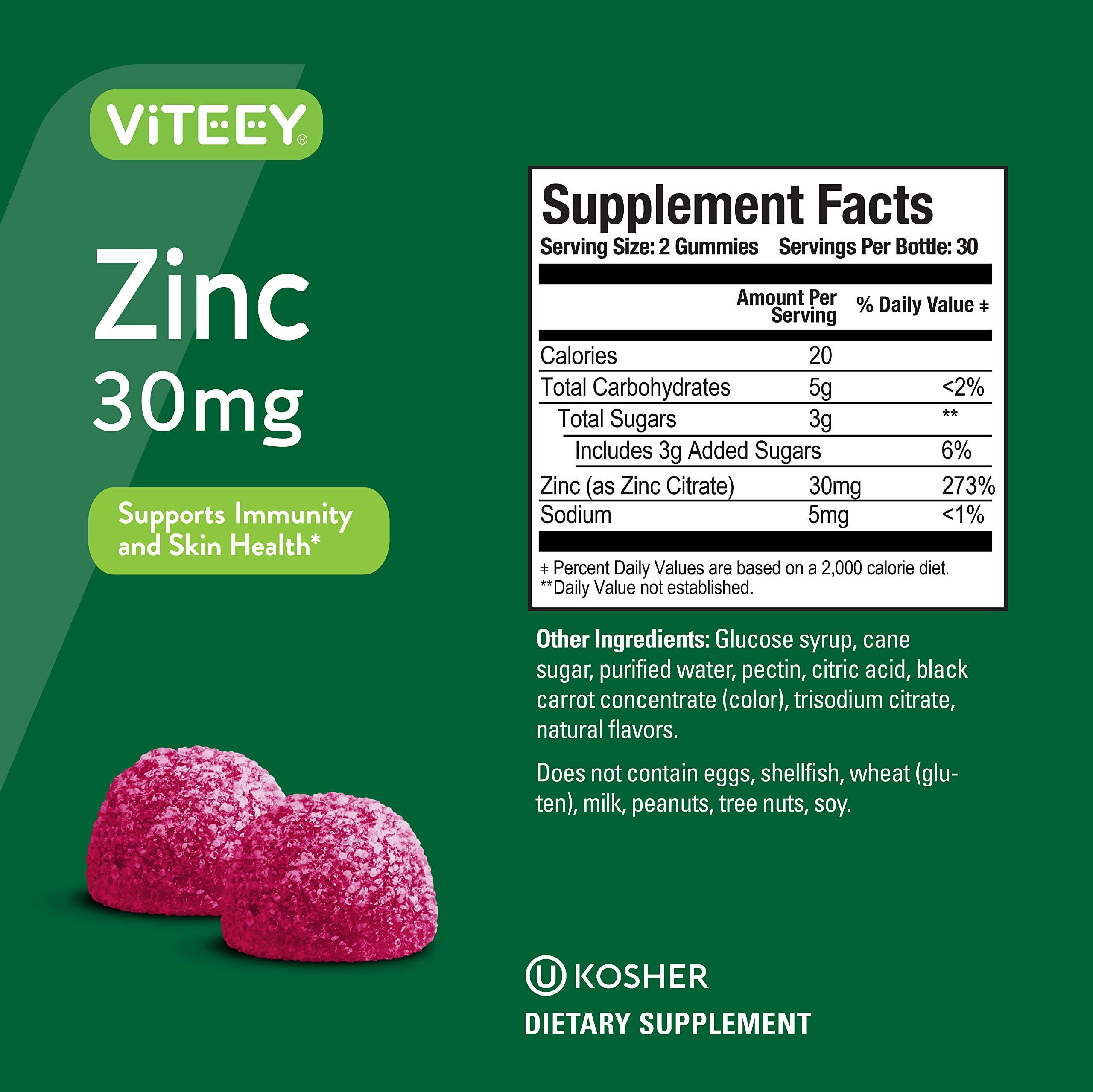 Viteey Zinc Gummies Adult & Teens - 30mg - Immune Health Support & Antioxidant Support - Vitamin Zinc Supplement - Vegan, Gelatin Free, GMO Free - Tasty Chewable Berry Flavored Gummy