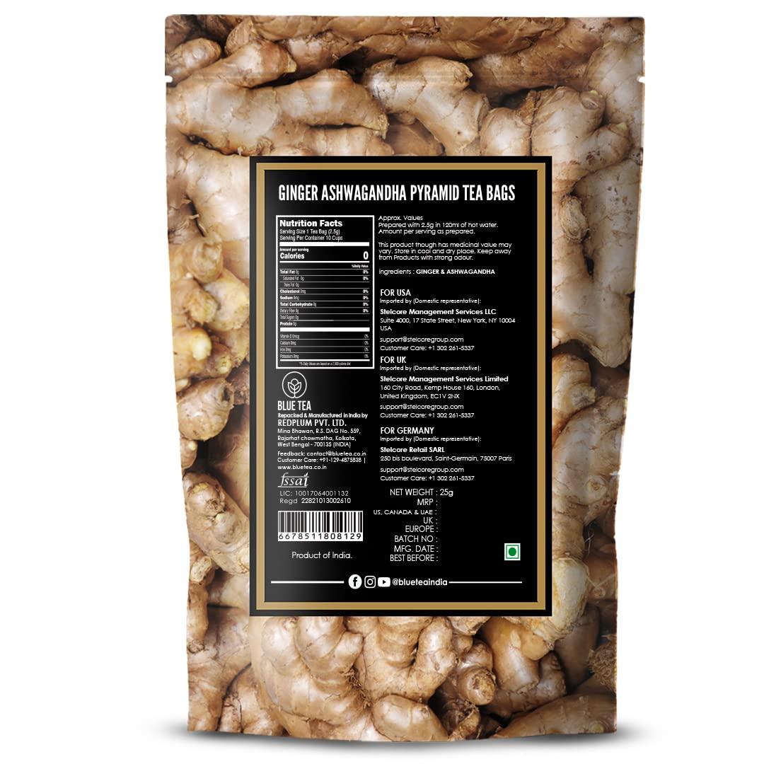 BLUE TEA BLUE TEA - Ginger Ashwagandha Tea - 10 Count - Pyramid Tea Bag | HERBAL BLEND | Antioxidant Rich - Herbal Tea - Caffeine free - Vegan - Non-GMO - Gluten Free - Zesty Flavor - No Sugar | Zipper Pack
