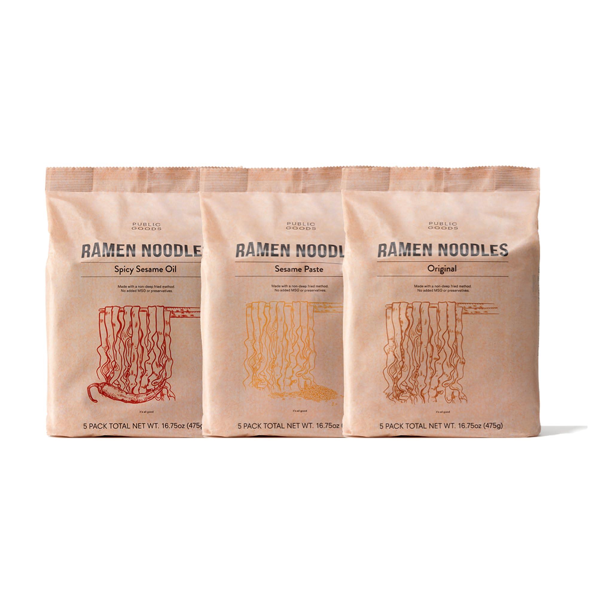Public Goods Public Goods Ramen Noodles | Brothless Vegan & Vegetarian Instant Ramen | Healthy, High Protein Asian Noodle | Preservative Free | No Added MSG | Original, Sesame Paste & Spicy Sesame Oil (15 Pack)