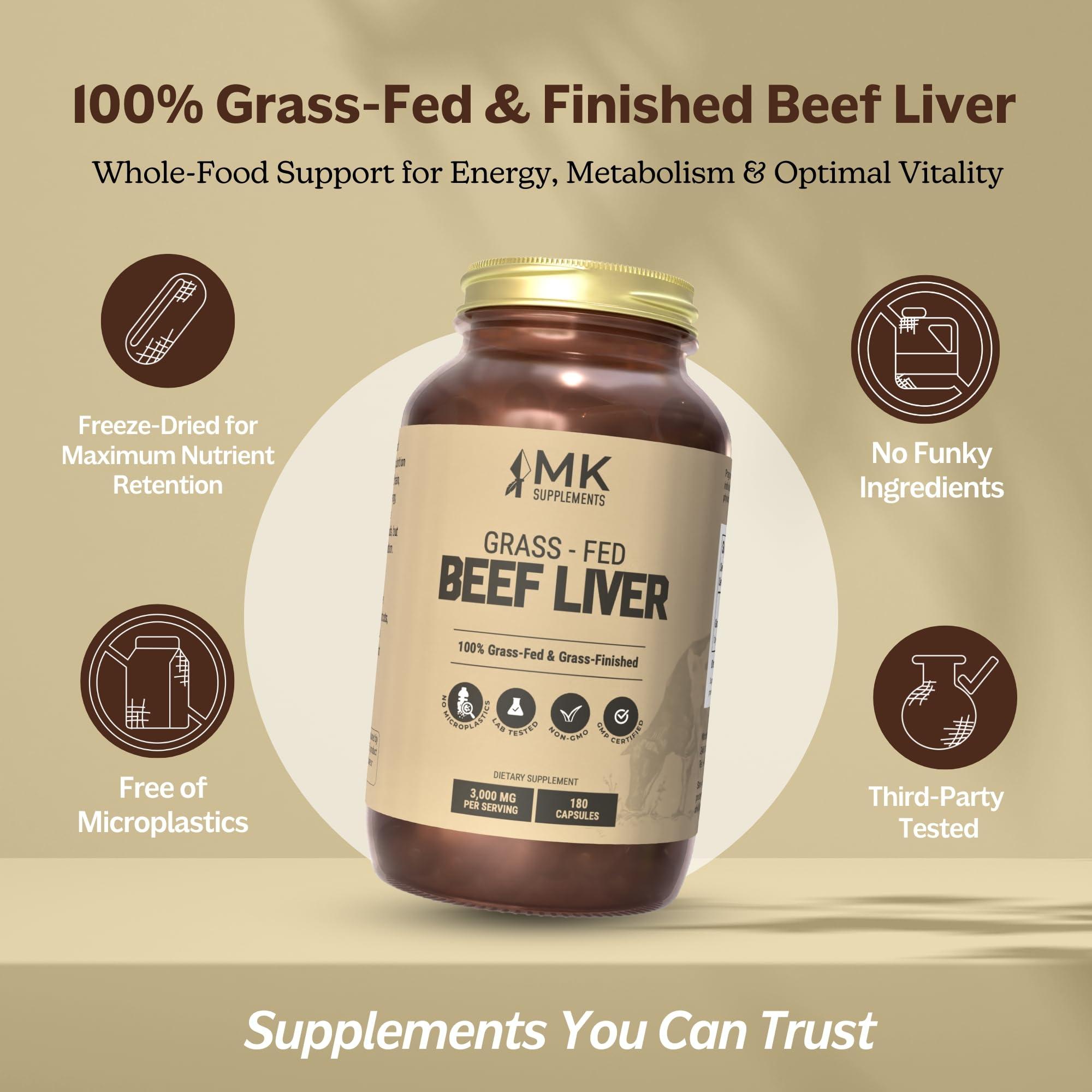 MK Supplements MK Supplements Grass Fed Beef Liver 3000 mg, Freeze-Dried Beef Liver Capsules, 100% Pasture-Raised in New Zealand, 180 Liver Capsules, 45-Day Supply