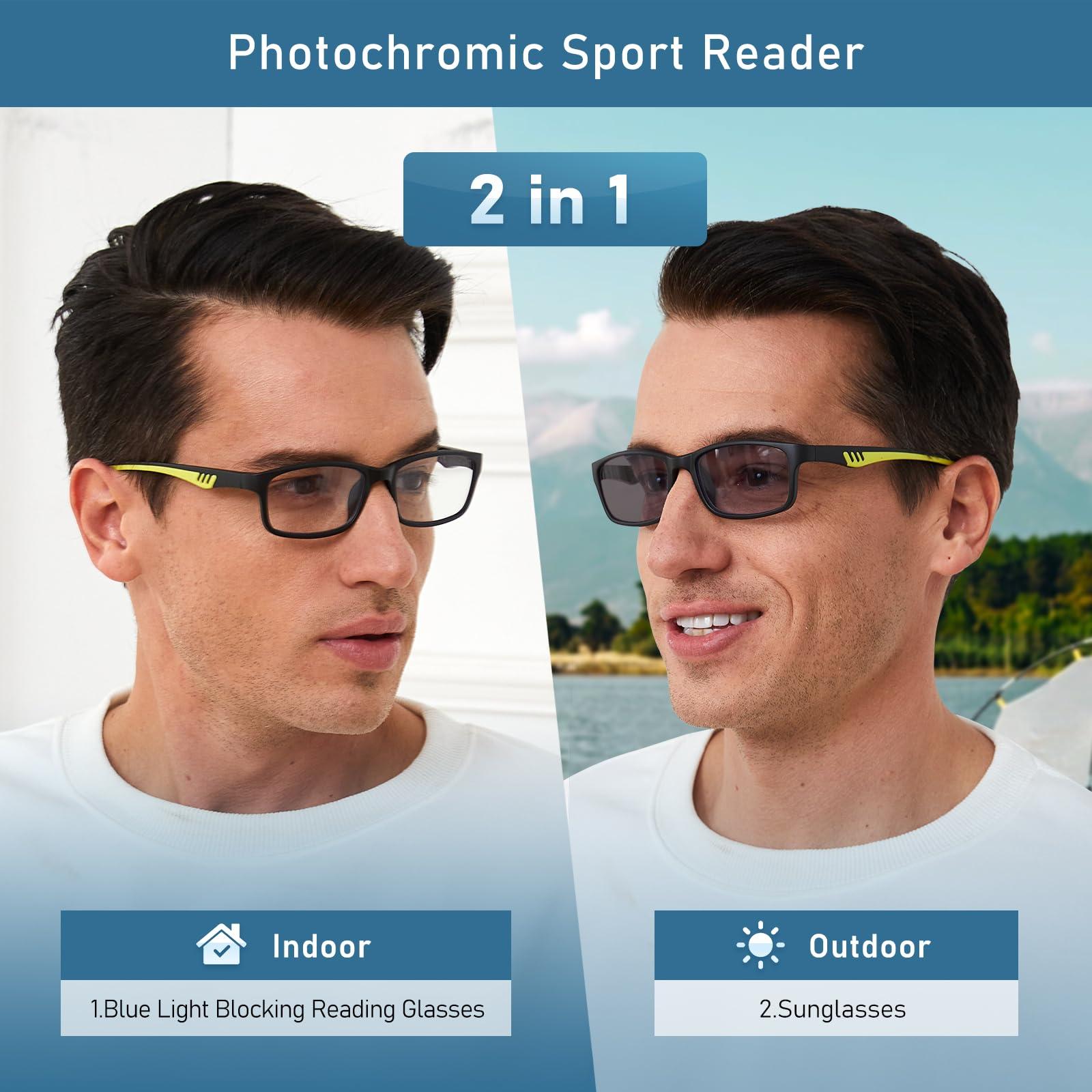 LKEYE LKEYE Sport Reading Glasses Men Photochromic Lens Blue Light Blocking Computer Reader Wide Style Spring Hinge Eyeglasses 2Pack Black Green LK6082 0x