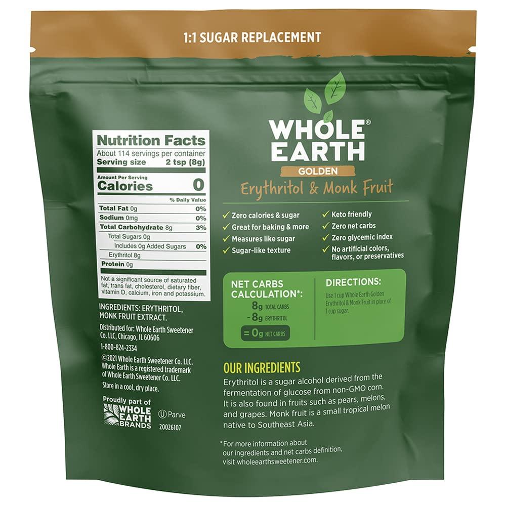 Whole Earth Sweetener Co. Whole Earth, Plant-Based Sugar Alternative - Golden Sweetener Erythritol & Monk Fruit, Zero Calories, No Artificial Colors and Keto Friendly (32Oz / 2Lb)