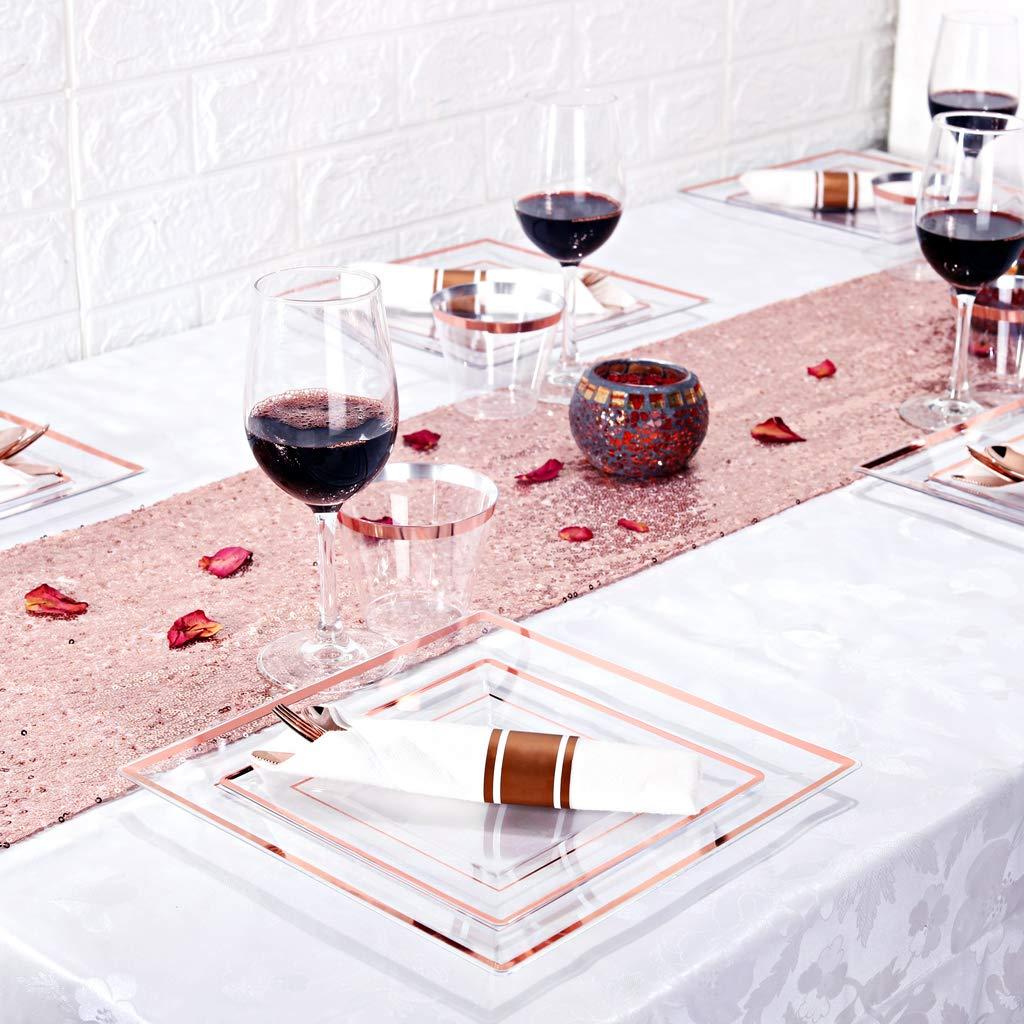 WELLIFE WELLIFE 350 PCS Rose Gold Square Plastic Plates, Disposable Rose Gold Dinnerware, Includes: 50 Dinner Plates10.25, 50 Dessert Plates7.5, 50 Cups 9 OZ, 50 Pre Rolled Napkins with Cutlery