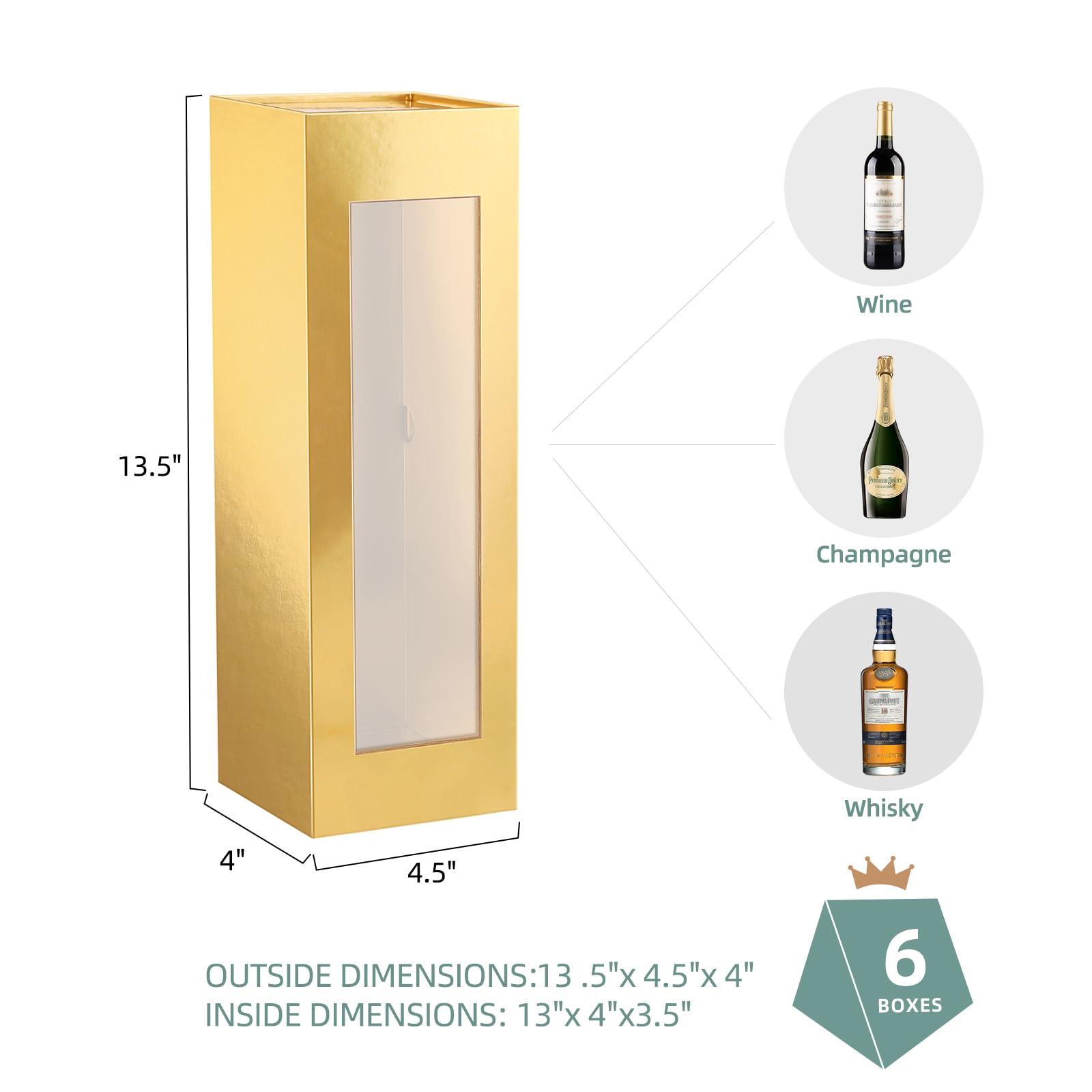 PACKQUEEN PACKQUEEN 6 Wine Gift Boxes with Window, 13.5x4.5x4 Inches Gold Bottle Gift Boxes for Liquor and Champagne, Reusable Collapsible for Christmas Wedding Anniversary Festivals Party Present (Glossy Gold)