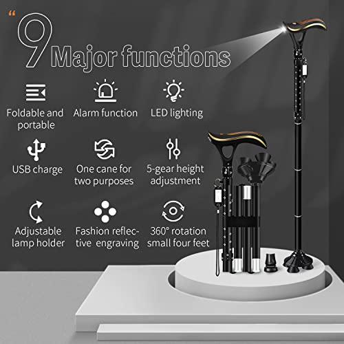 ispuoocti ispuoocti Folding Cane, Smart Alarm Foldable Cane with Light, Fashion Walking Cane for Women&Men, Adjustable Canes for Seniors, USB Direct Charging, Lightweight and Portable (Black)