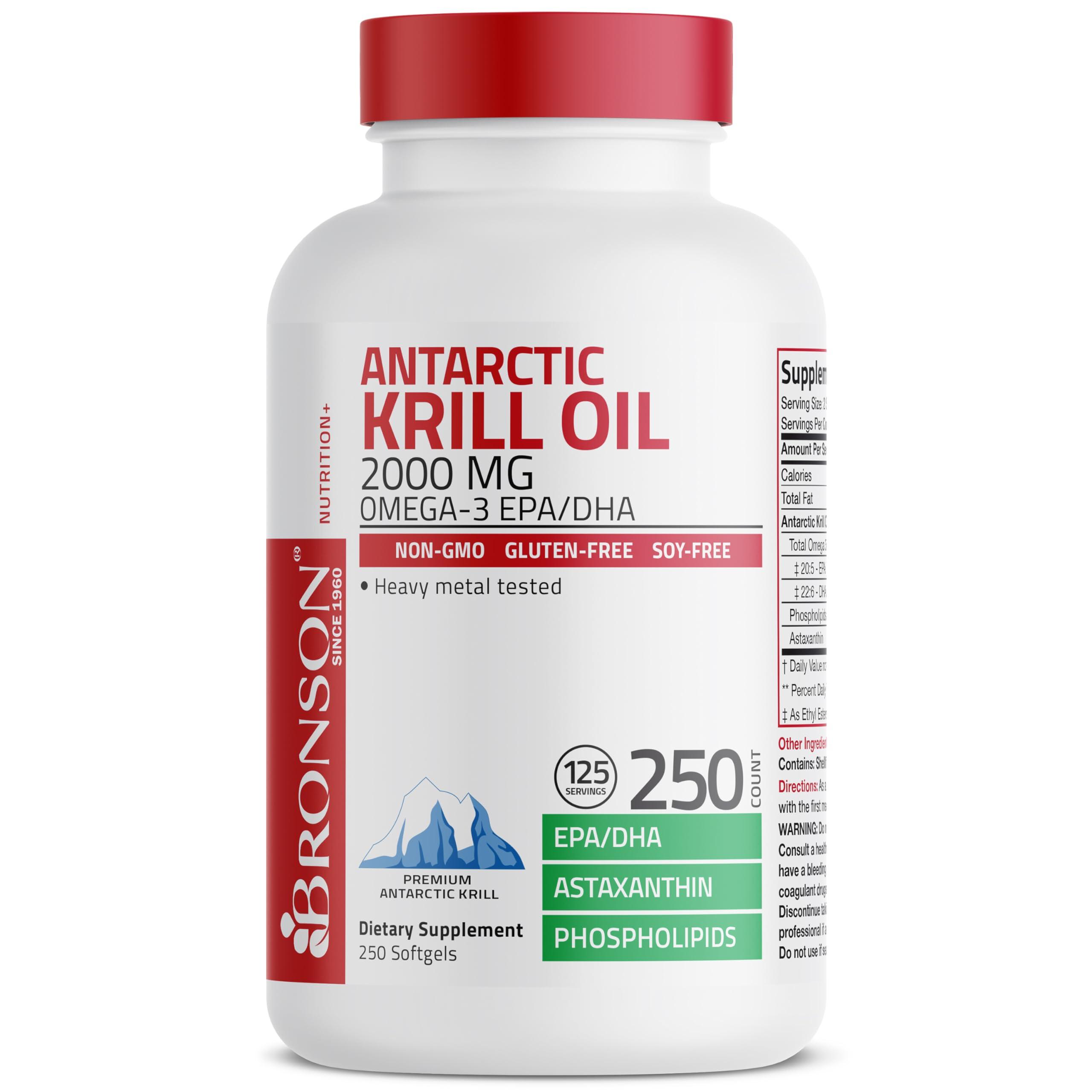 Bronson Bronson Antarctic Krill Oil 2000 mg with Omega-3s EPA, DHA, Astaxanthin and Phospholipids, 250 Softgels (125 Servings)