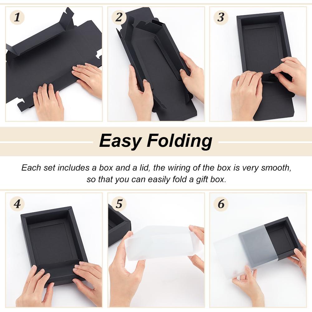 BENECREAT BENECREAT 12 PCS Black Kraft Gift Drawer Box, Translucent Plastic Lid Gift Drawer Box with PVC Frosted Window for Jewellery Candy Gift Wrap Party Favours, 7x5x1.8inch