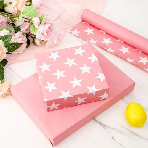 U\'COVER U\'COVER Pink Gift Wrapping Paper Roll for Girls Women Birthday Baby Shower Wedding Christmas Valentines Day Anniversary Graduation Holiday Gift Wrap Rolls Star Pattern Medium Roll (PINK)