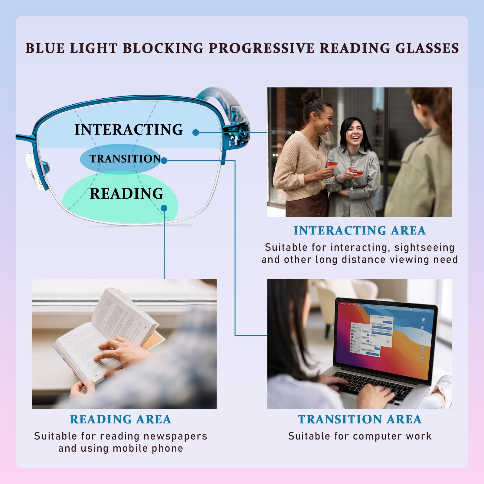 DEHOTRE DEHOTRE Progressive Multifocal Reading Glasses Women No Line Bifocal Readers with Nose Pad Metal Half Frame Mid-Near Range 3ft Blue 2.75