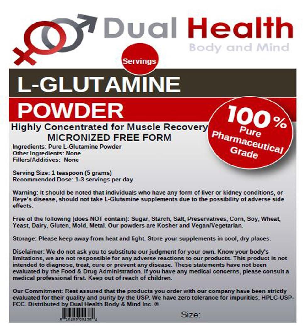Dual Health Body & Mind L-Glutamine (250g - 8.8 oz) Pure Powder 5000mg Free Form Bulk Supplements, Made in USA, Immune Digestion GI Support Leaky Gut Health Muscle Energy Stamina Endurance Strength