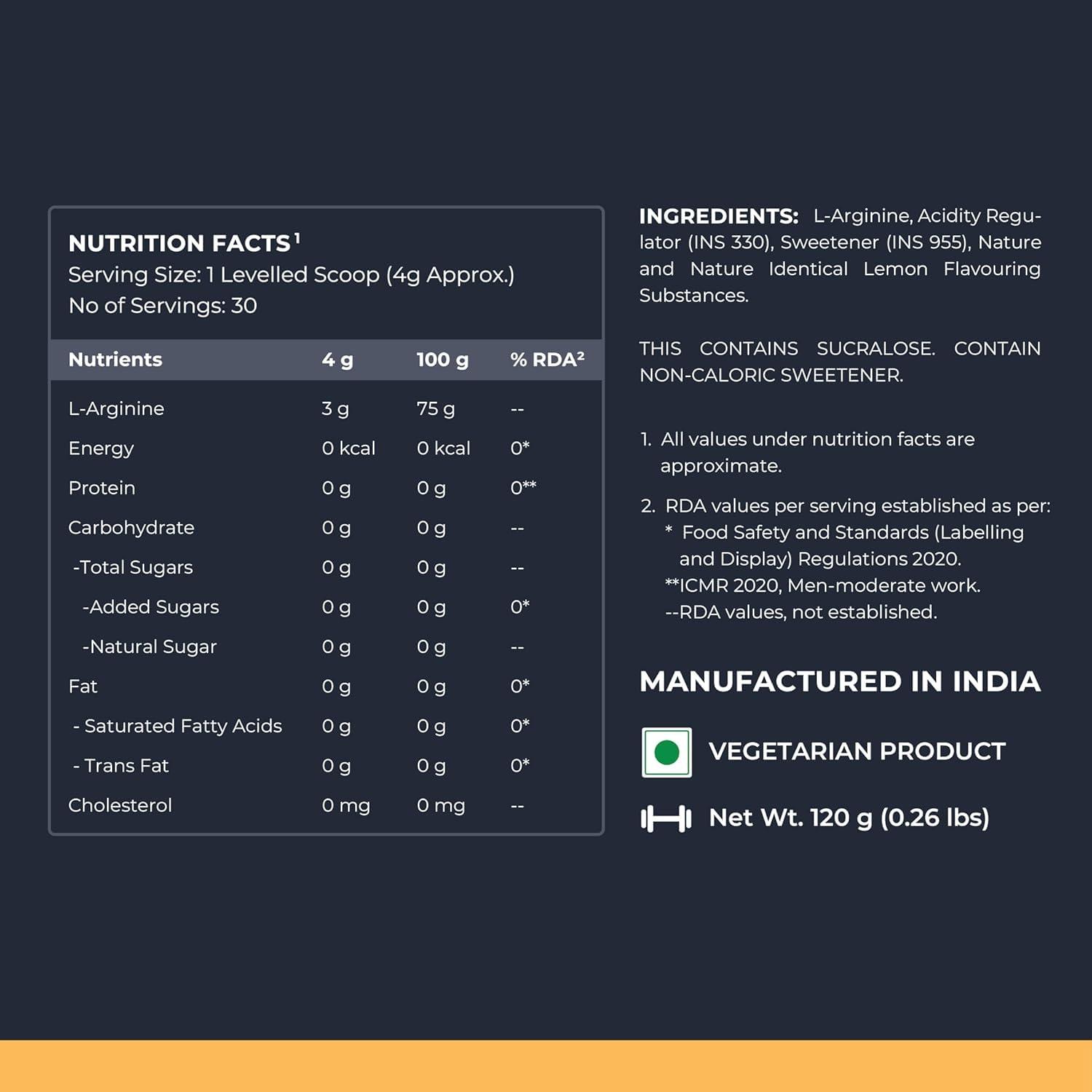 Generic Generic L-Arginine Supplement Lemon Flavor, Pre Workout Amino Acid for Endurance, Muscle Building & Help Muscle Recovery -120 Gm Powder