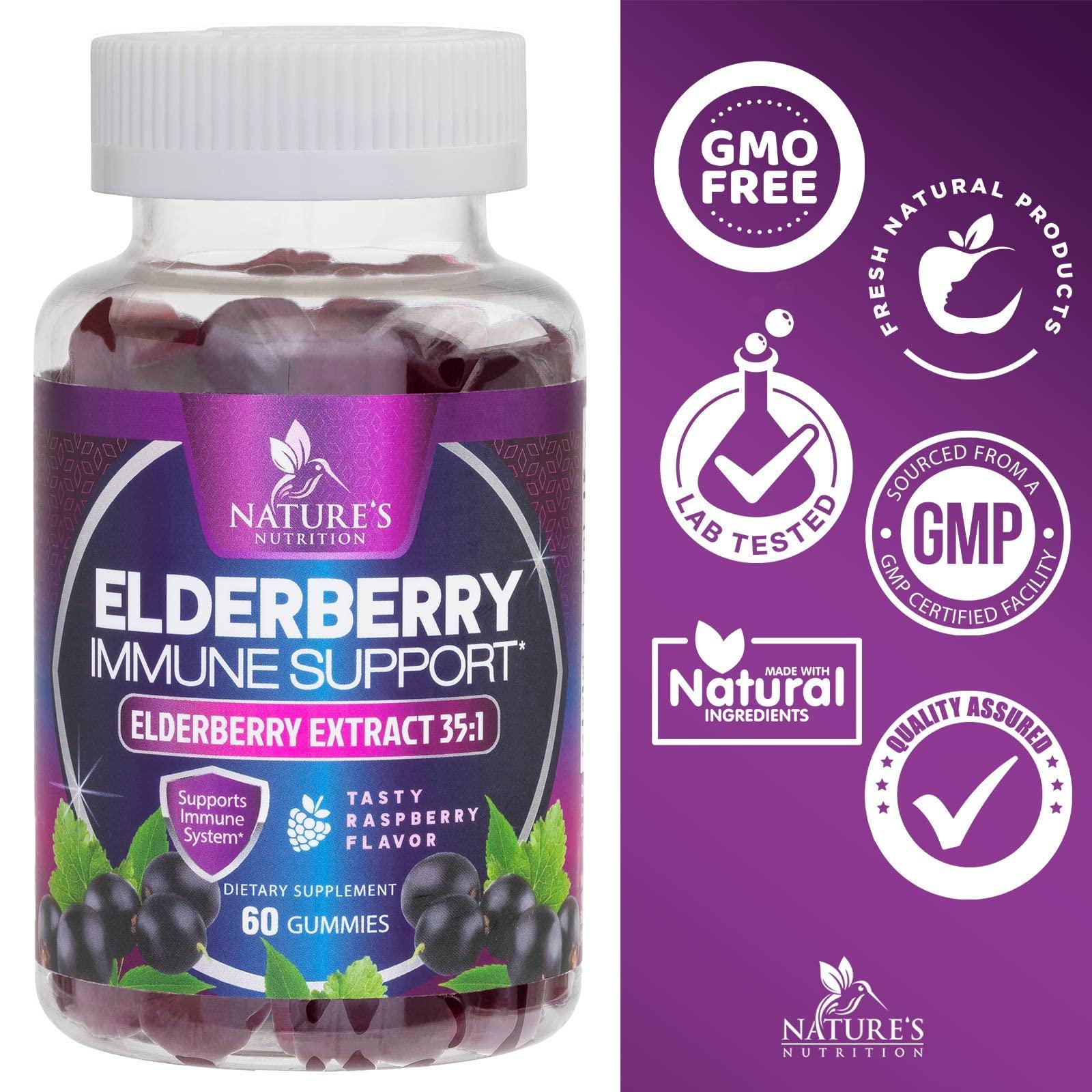 Nature's Nutrition Sambucus Elderberry Immune Gummies - Daily Immune Support for Kids & Adults - Super Concentrated 35:1 Extract, Equivalent to 4200mg of Elderberries, Black Elder Berry Vitamin Supplement - 60 Capsules