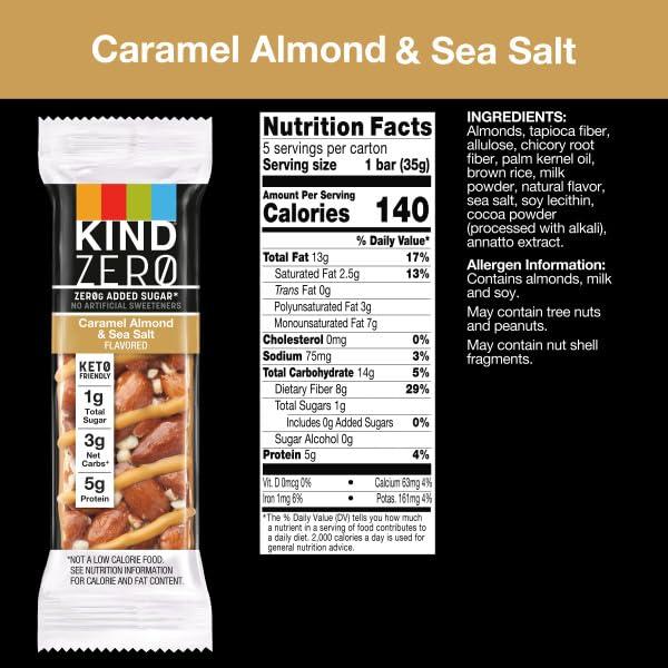 KIND KIND ZERO Added Sugar Bars, Keto Snack, Caramel Almond and Sea Salt, Good Source of Fiber, Gluten Free, Low Sugar, 5g Protein, 30 Count