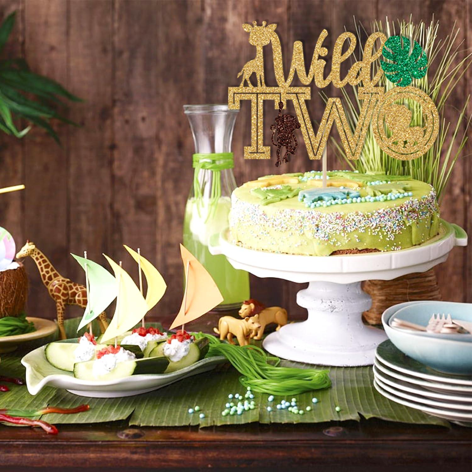 Sriburcio Gold Glitter Two Wild Cake Topper, Born Two Be Wild/Happy 2nd Birthday/Two Cute/Two Fast, Jungle Wild Themed Baby's 2nd Birthday Party Decorations