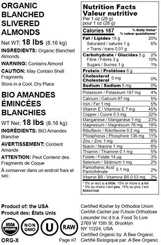 Food to Live Organic Blanched Slivered Almonds, 18 Pounds Non-GMO, Raw, Unpasteurized, Unsalted, Vegan, Keto, Paleo, Kosher, Bulk, High in Protein, Dietary Fiber. Great for Cooking, Baking, Salads and Cereals