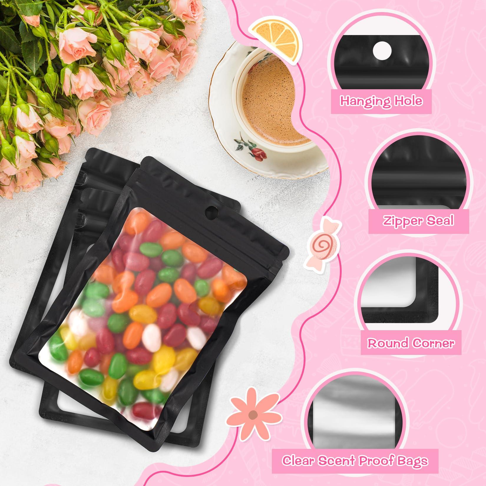 FUNFERY FUNFERY 100 Pack Mylar Resealable Bags Foil Packaging Bags with Clear Window,Zipper Pouch Smell Proof Bags for Food Storage,Cookies,Sample,Small Business(Black,3.5x6.3inch)