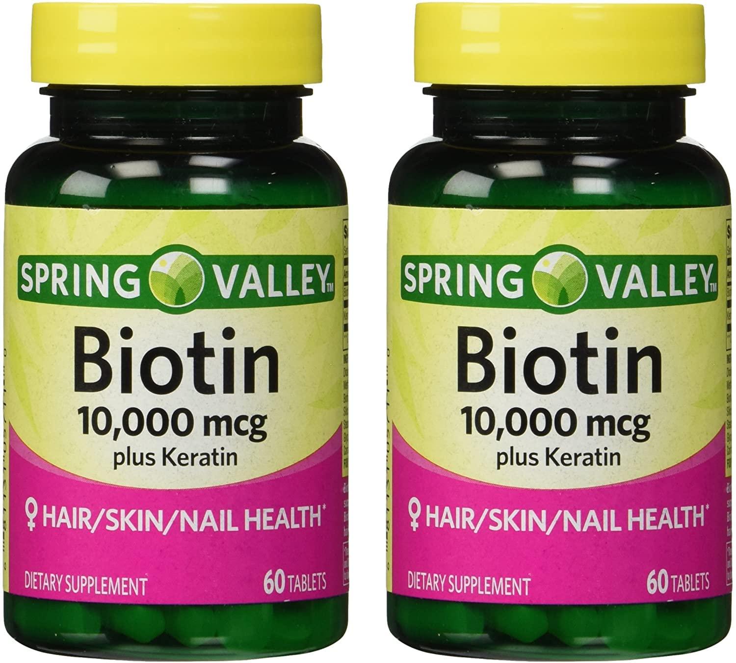 Spring Health Spring Valley 10000mcg Biotin with 100mg Keratin Dietary Supplement, 60 Tablets (Pack of 2) + Your Vitamin Guide©