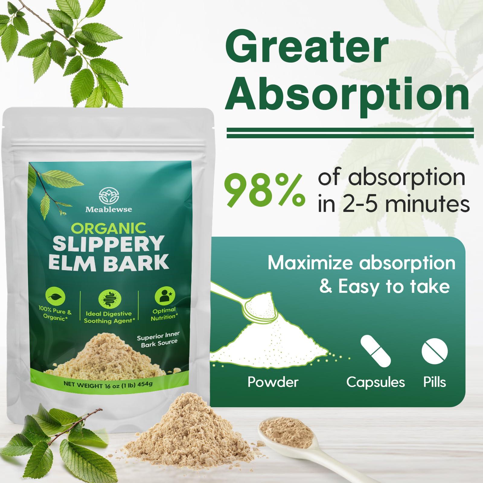 Meablewse Slippery Elm, with Superior Inner Bark Source, Slippery Elm Bark Natural Herb for Soothing Throat* & Digestive, Diarrhea, Gut Health, 100% Pure & Vegan, Non-GMO, Made in The USA, 1 lb (349 Serving)