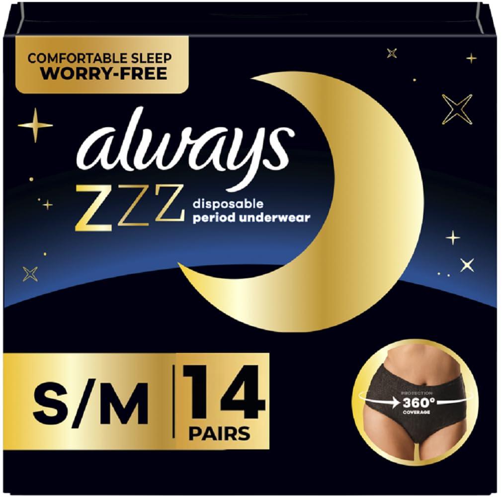 Always Always ZZZs Overnight Disposable Period Underwear for Women, Size S/M, Black Period Panties, Leakproof, 7 Count, Pack of 2 (14 Count Total)