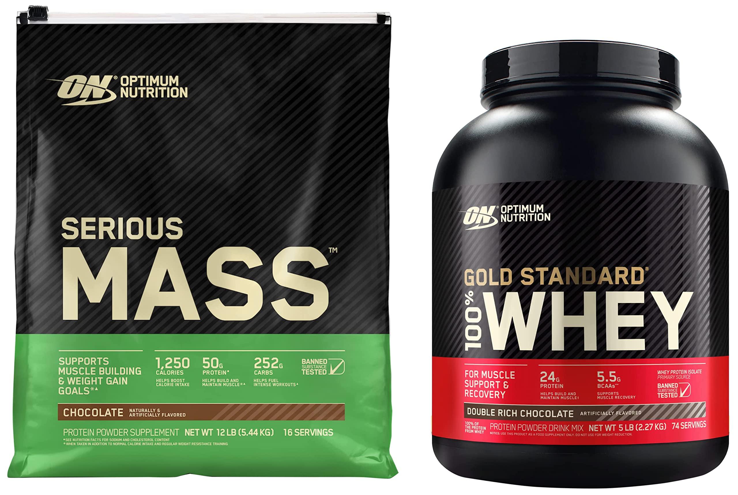 Optimum Nutrition Optimum Nutrition Serious Mass Weight Gainer Protein Powder & Gold Standard 100% Whey Protein Powder, Double Rich Chocolate, 5 Pound (Packaging May Vary)