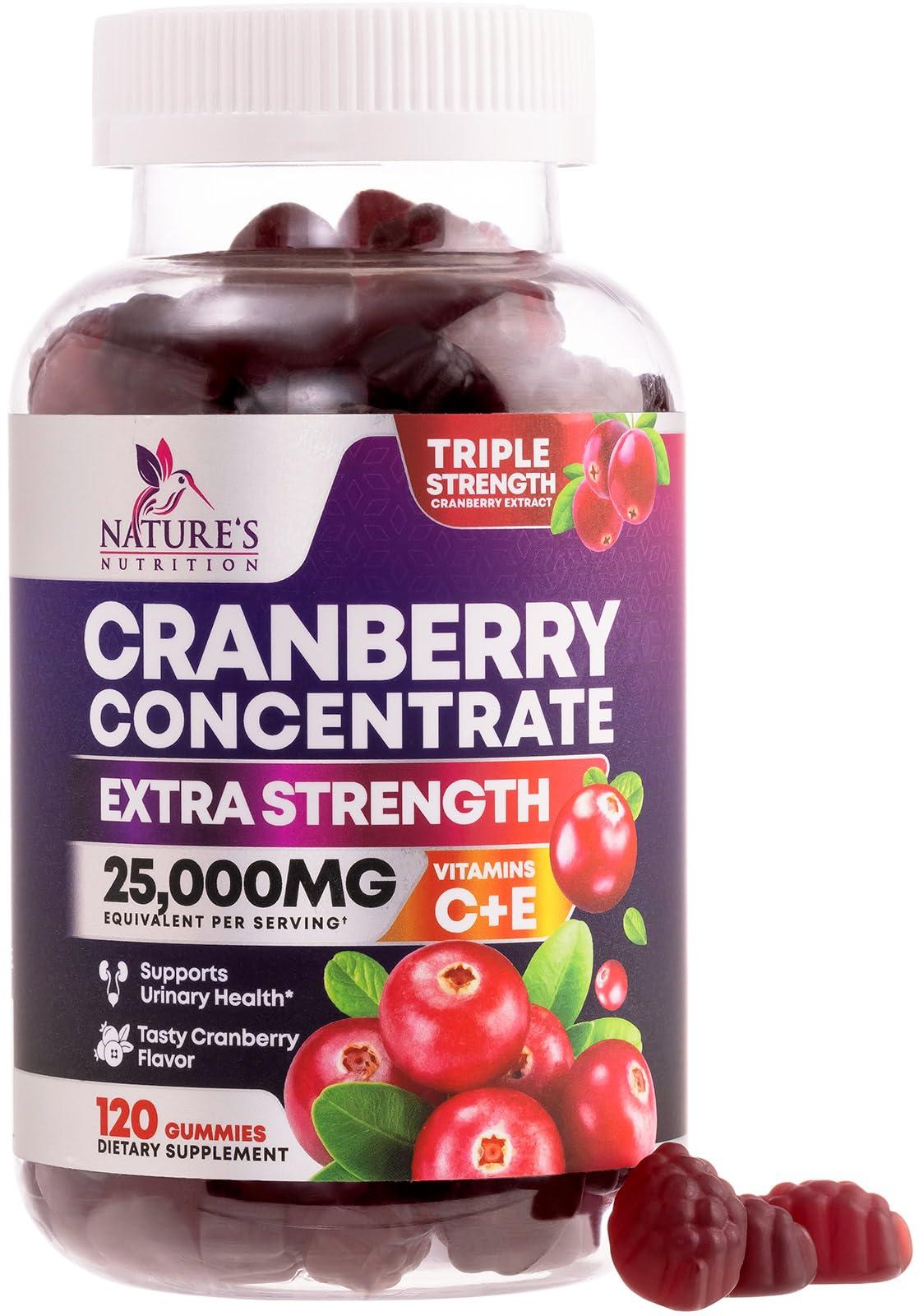 Nature's Nutrition Cranberry Gummies - Urinary Tract Health Gummy + Vitamin C - 25,000mg - Triple Strength Cranberry Concentrate Extract Supplement Pills, Ultimate Potency, Non-GMO, Gluten Free - 120 Gummies