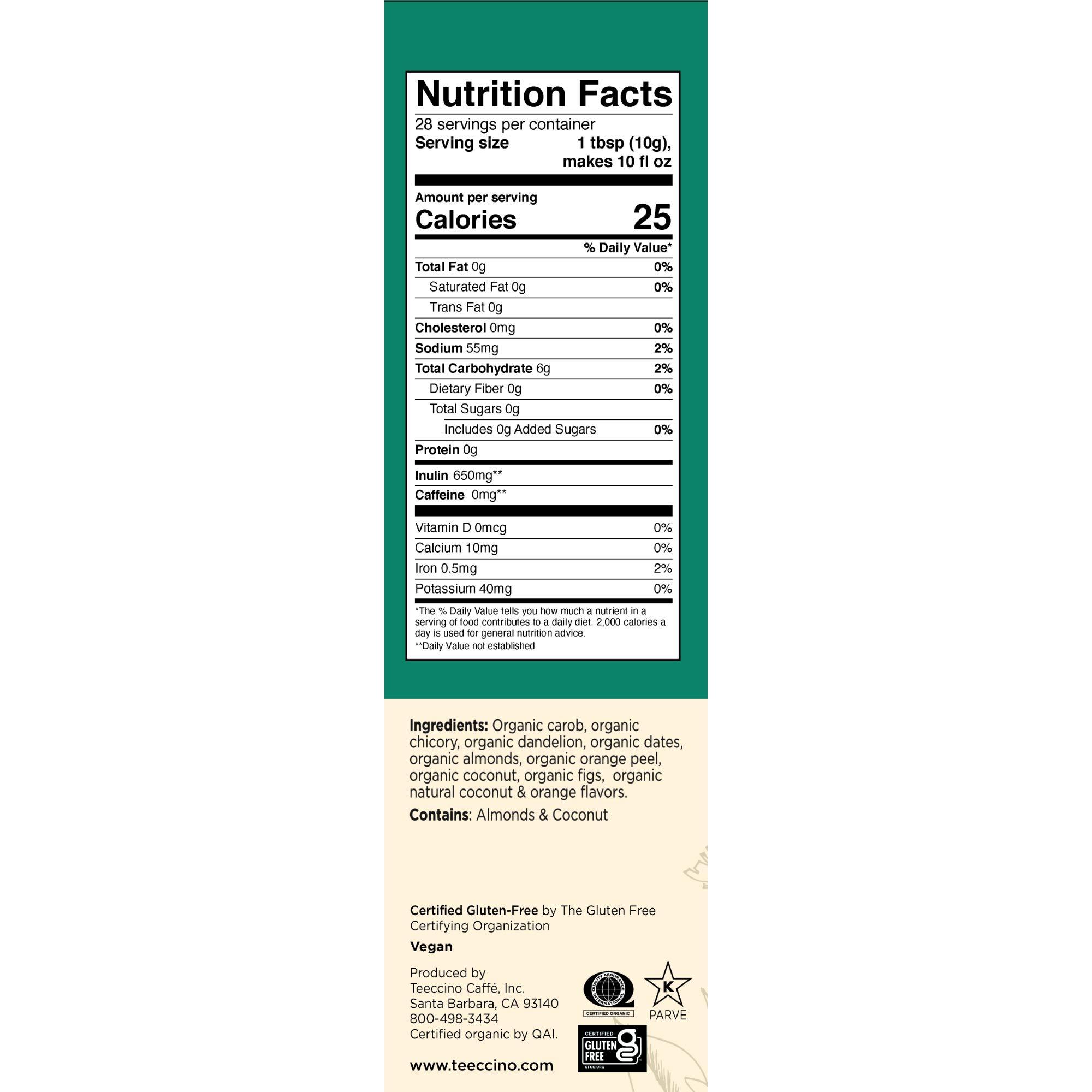 Teeccino Teeccino Dandelion Red Chai Herbal Coffee - Caffeine-Free Coffee Alternative with Prebiotics, Gluten Free, Acid Free - Medium Roast, 10 oz